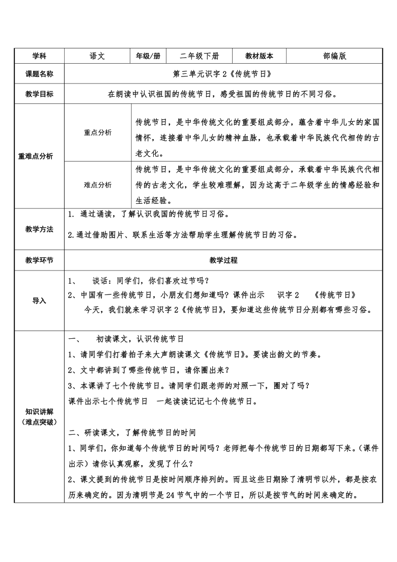 2 传统节日  （表格式教案）