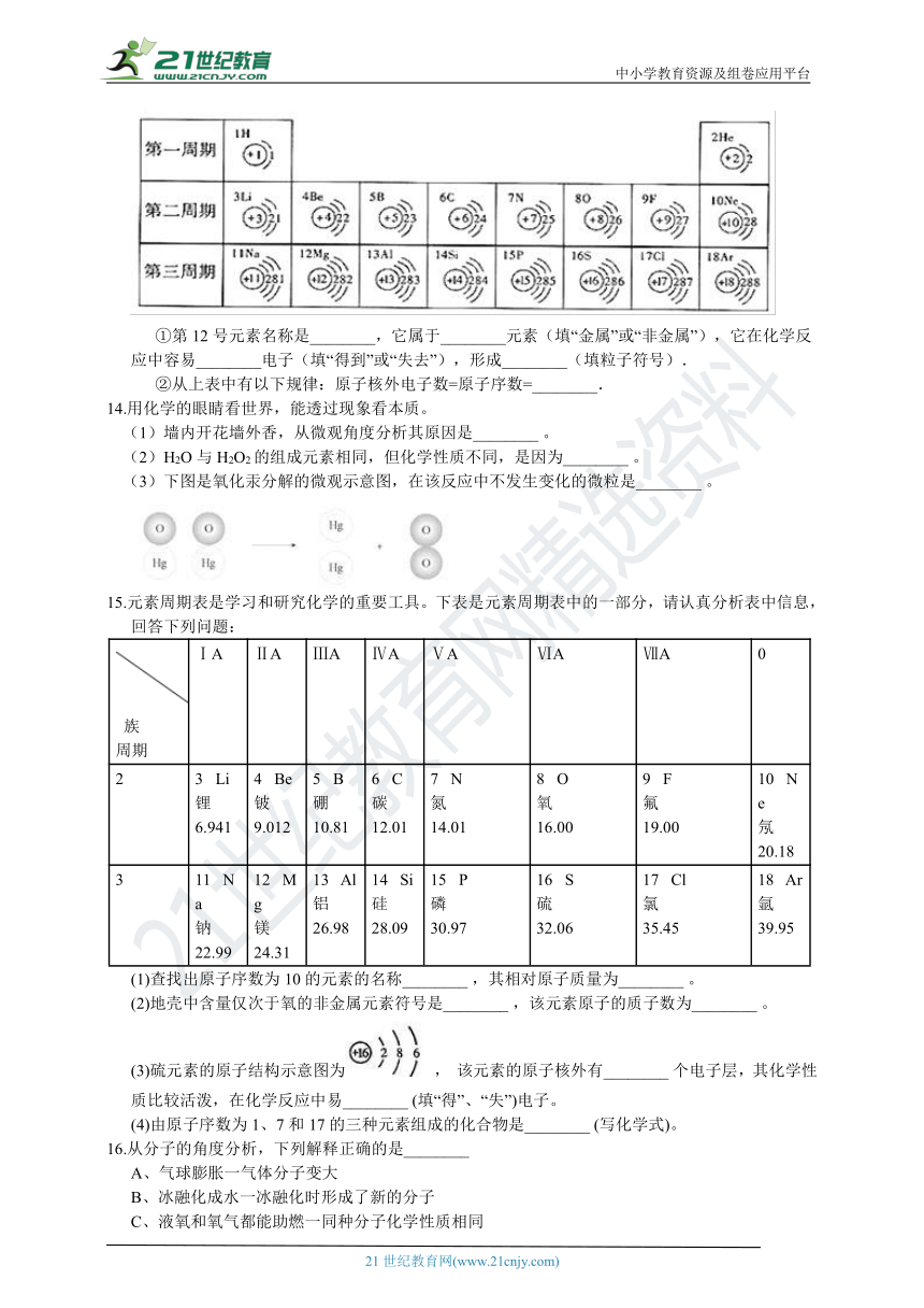 人教版化学九年级上册 第三章 构成物质的奥秘 单元测试卷（4）