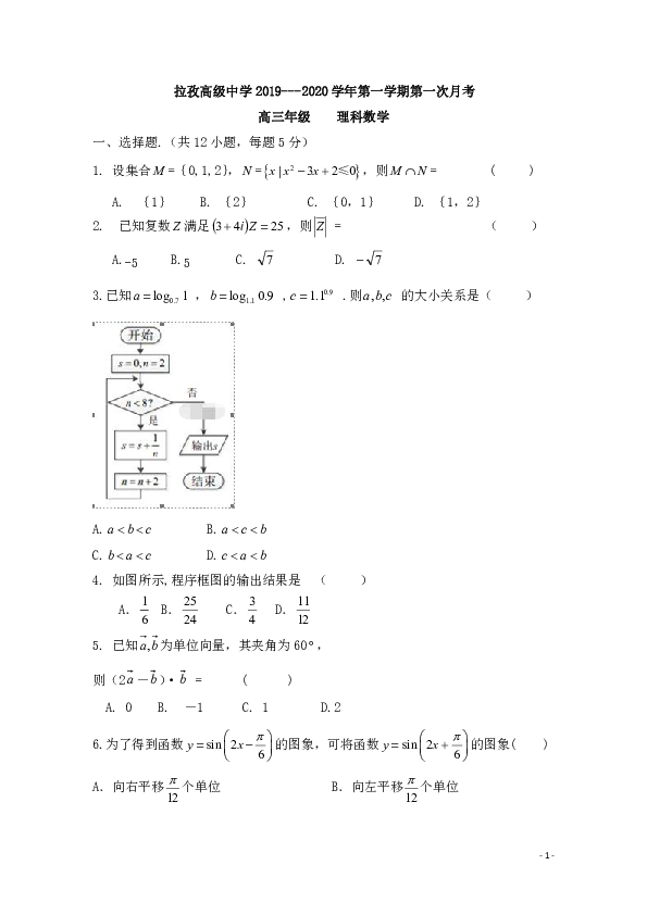 西藏日喀则市拉孜高级中学2020届高三上学期第一次月考数学（理）试题 Word版