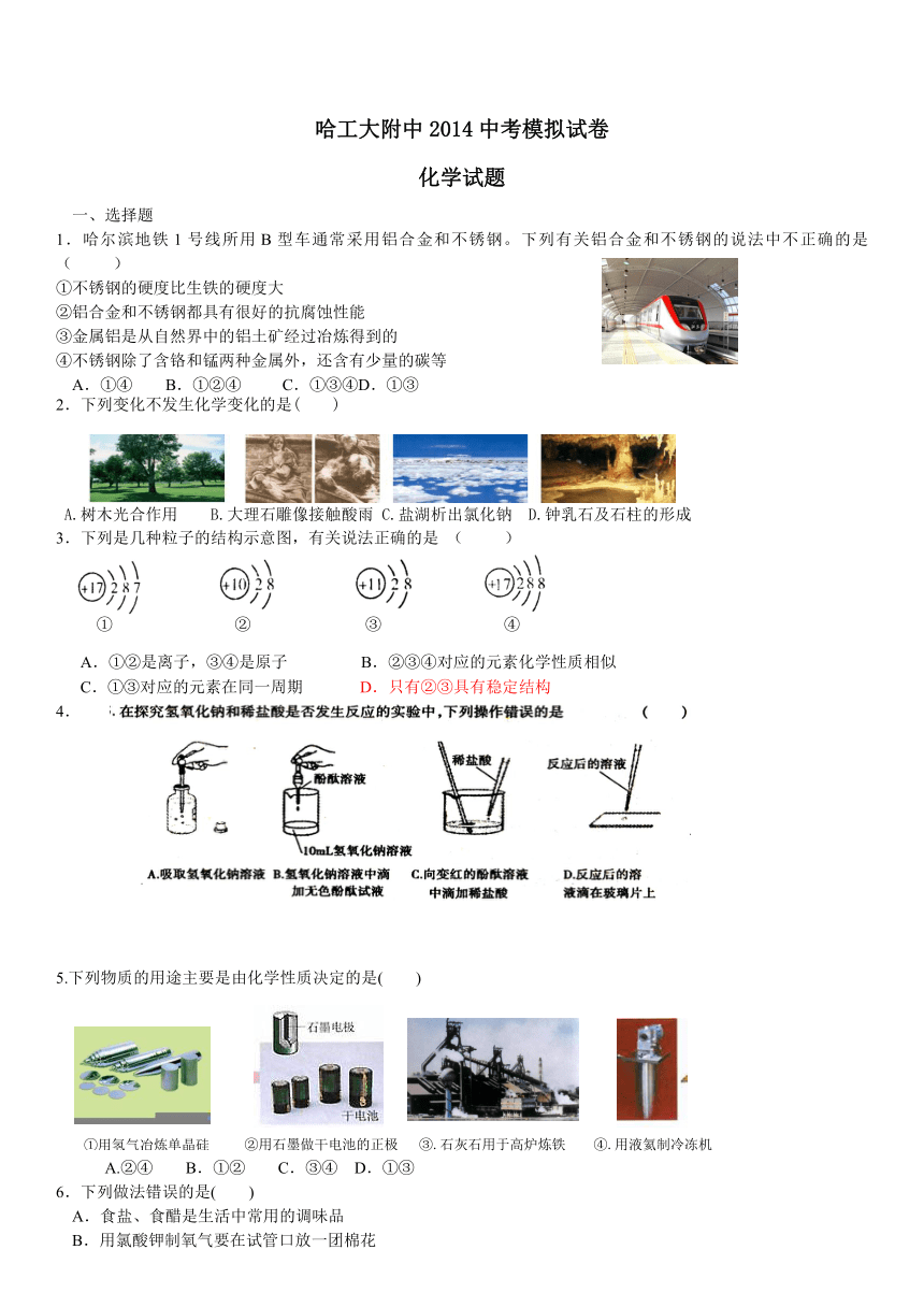 黑龙江省哈尔滨市工大附中2014年中考模拟考试化学试题