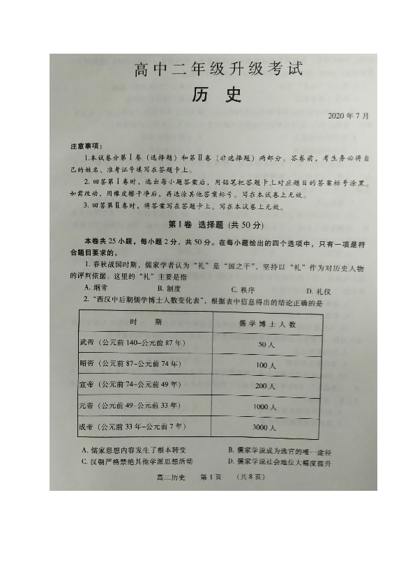 河南省濮阳市2019-2020学年高二下学期升级考试（期末）历史试题 图片版含答案
