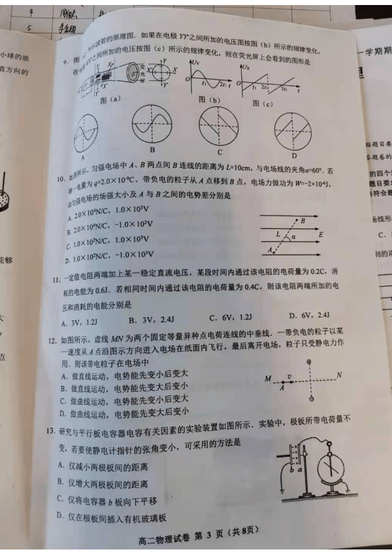 贵州省贵阳市2020-2021学年高二上学期期末监测考试物理试题 扫描版含答案