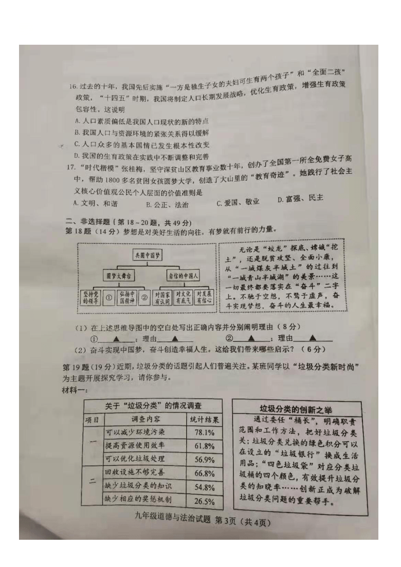 江苏省邳州市2020-2021学年第一学期九年级道德与法治期末测试（图片版，无答案）