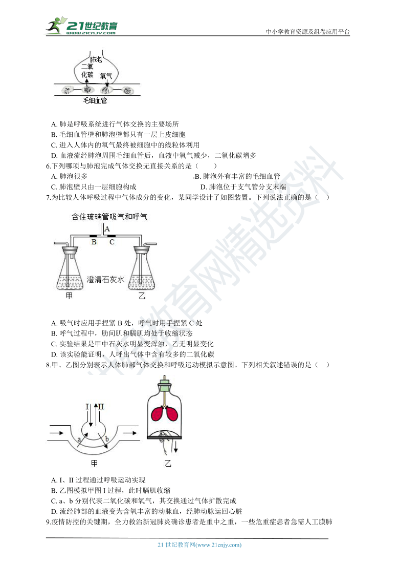 初中生物苏教版七年级下册4.10.4人体内的气体交换 同步练习（含解析）