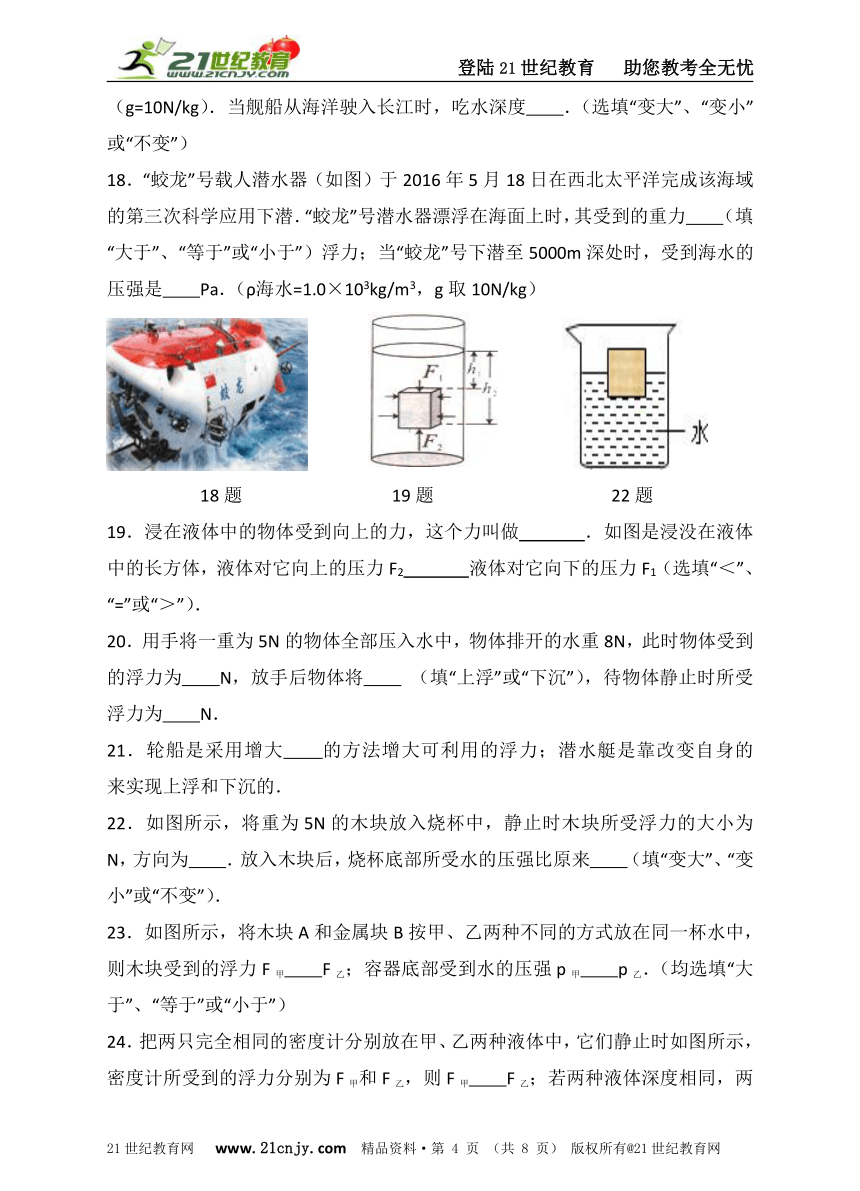 第十章：浮力单元测试卷（A)