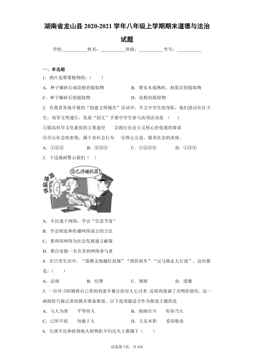 湖南省龙山县2020-2021学年八年级上学期期末道德与法治试题(word版含答案)