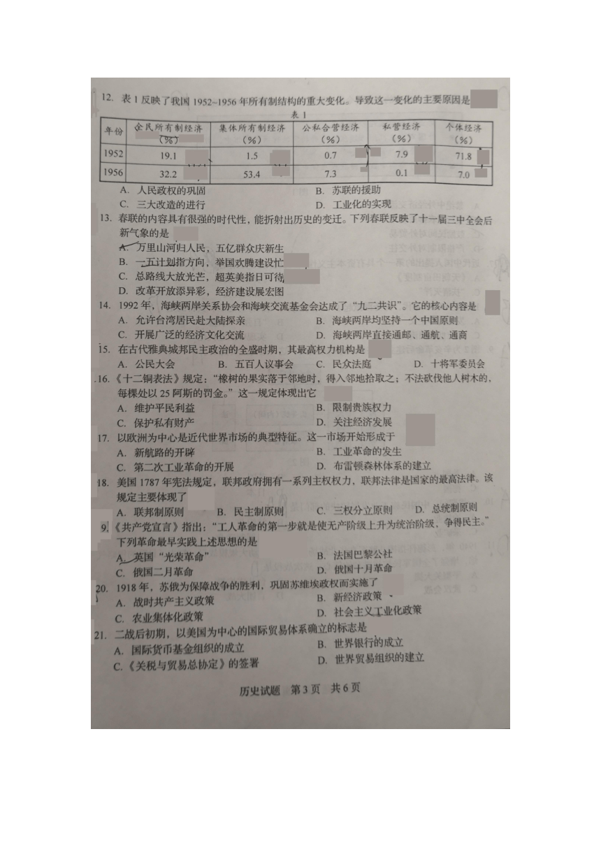 山东省2018年夏季普通高中学业水平考试  高一历史试题（图片版无答案）