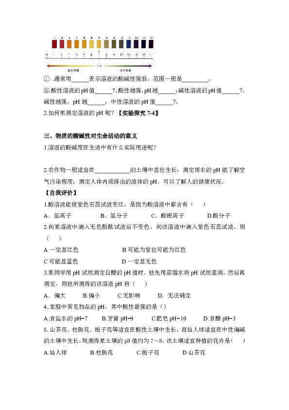 鲁教版化学 7.3溶液的酸碱性  学案