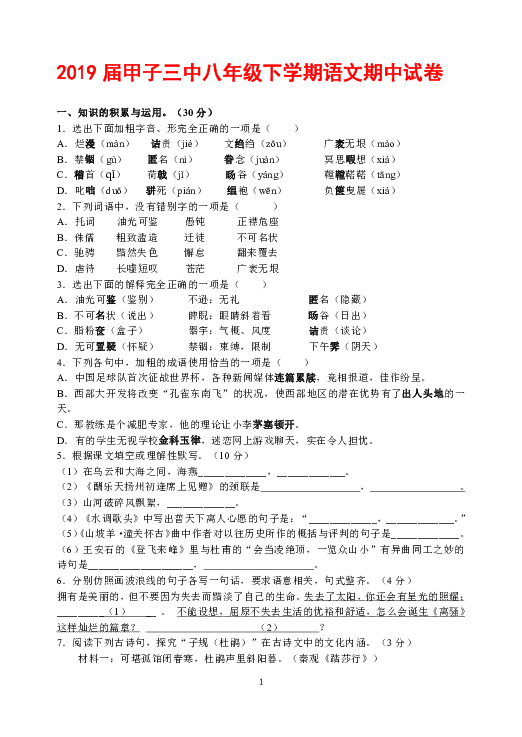 2019届广东省甲子三中八年级下学期语文期中试卷(含答案)