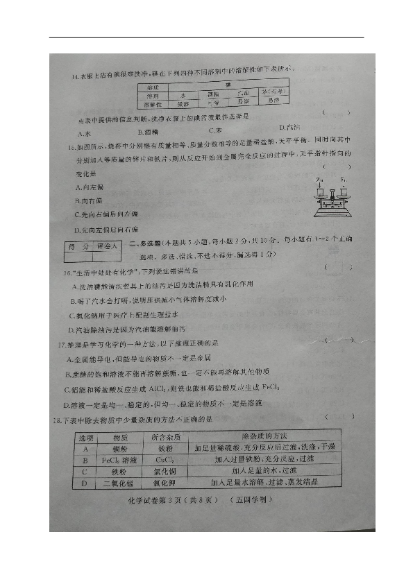 黑龙江省密山市实验中学（五四制）2019届九年级上学期期中考试化学试题（图片版，含答案）