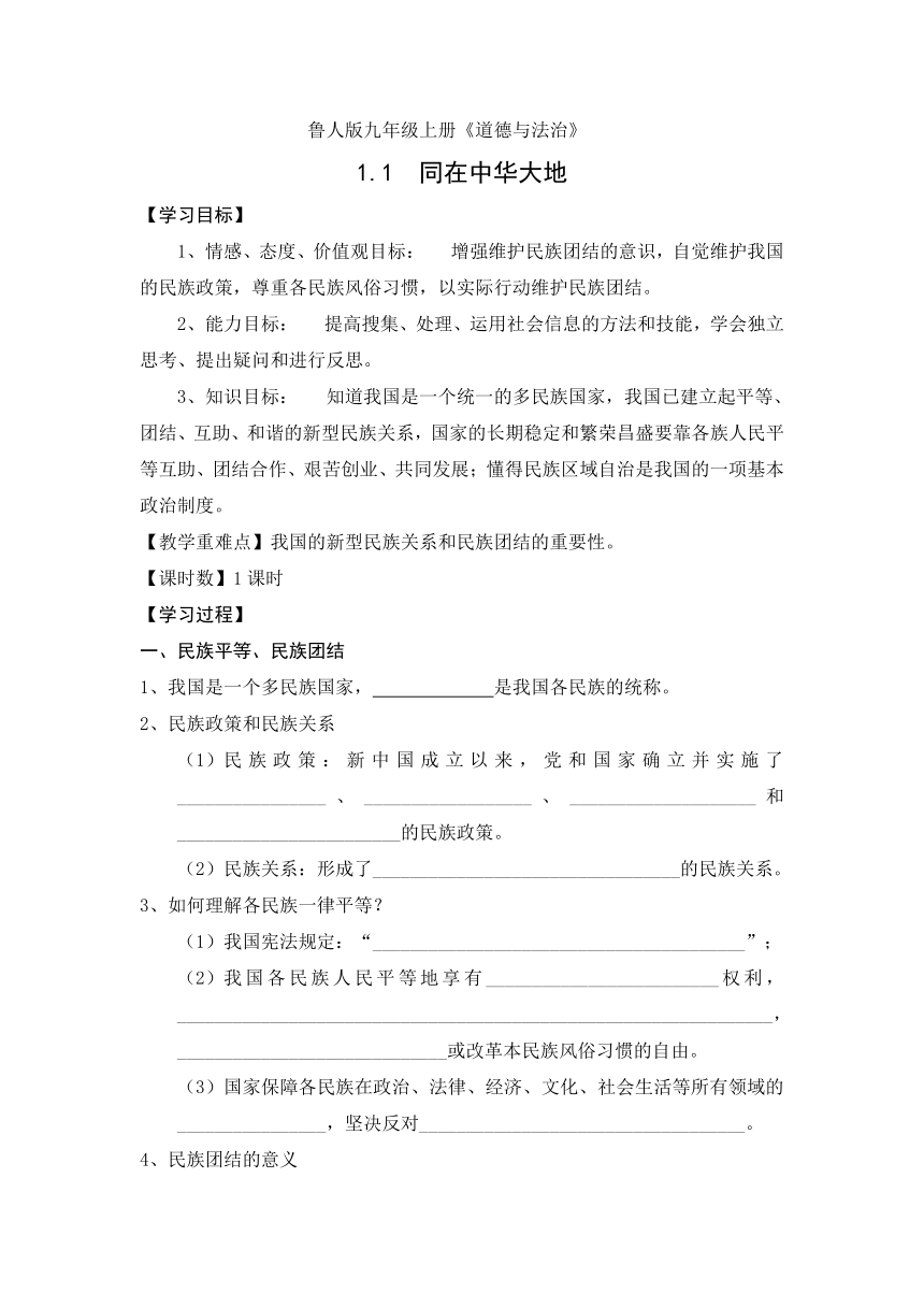 鲁人版道德与法治九年级上册1.1同在中华大地 学案