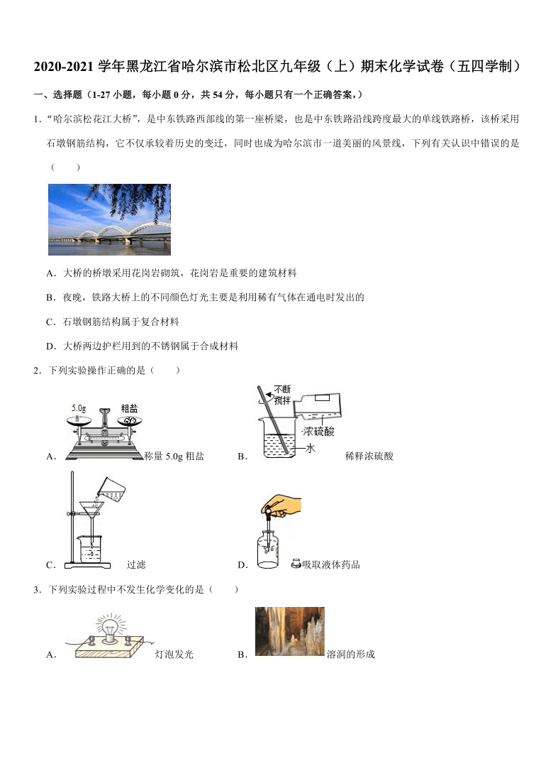 2020-2021学年黑龙江省哈尔滨市松北区九年级（上）期末化学试卷（五四学制）（解析版）