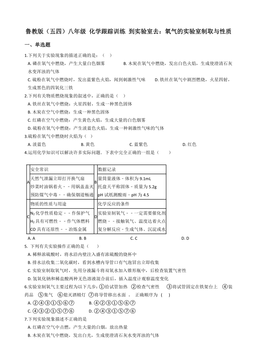 鲁教版（五四）八年级化学 到实验室去：氧气的实验室制取与性质 同步练习（含解析）