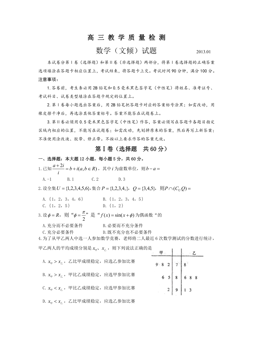 山东省青岛市、即墨市2013届高三上学期期末考试数学（文）试题