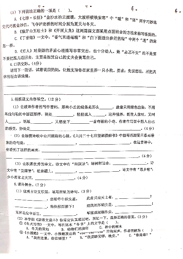 江苏省兴化市大垛中心校2019-2020学年第一学期六年级语文期中试卷 (扫描版，无答案)