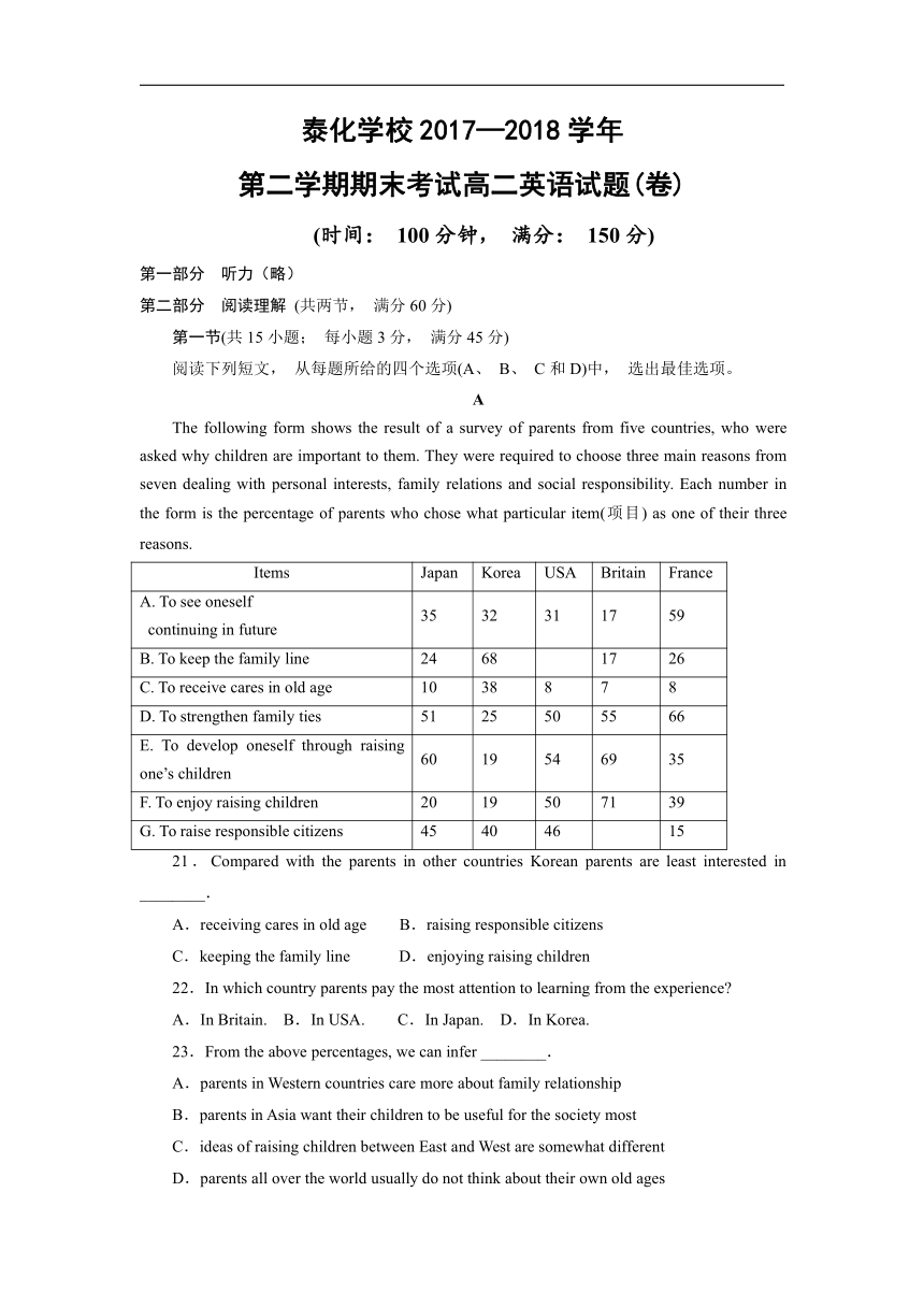 山西省吕梁市泰化中学2017-2018学年高二下学期期末考试英语试卷