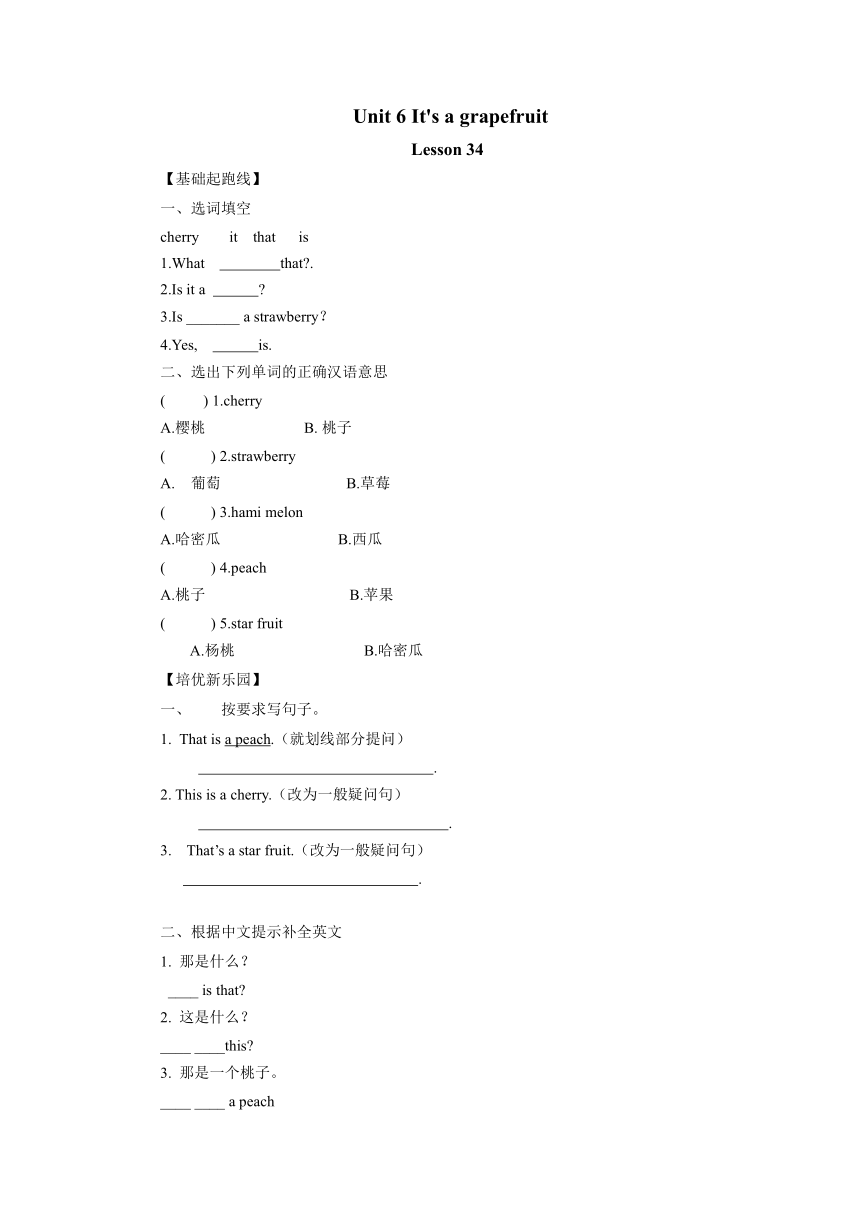 Unit 6 It‘s a grapefruit. Lesson 34 同步练习（含答案）