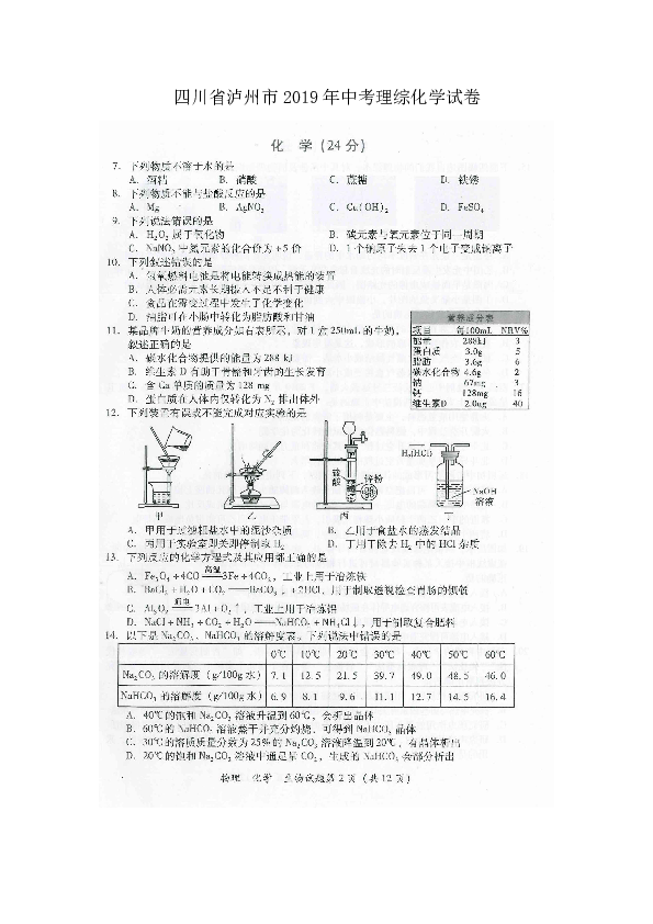 2019年四川省泸州市中考理综化学试卷（图片版，含答案）