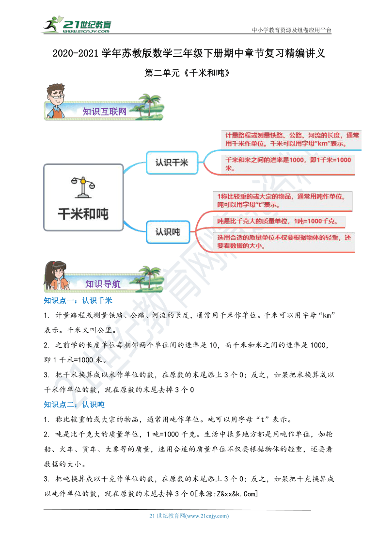 2020-2021学年苏教版数学三下第二单元《千米和吨》期中章节复习精编