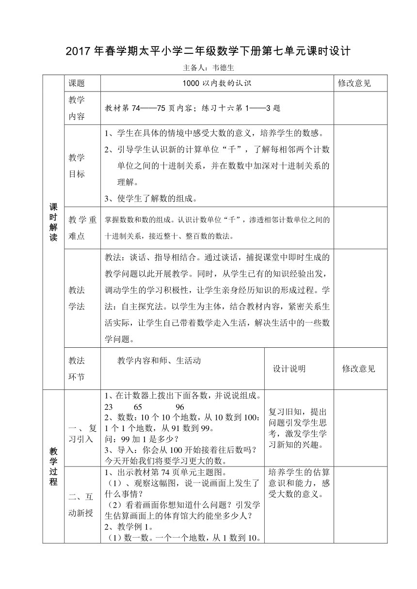 数学二年级下人教版《第七单元万以内数的认识》集体备课（表格式）