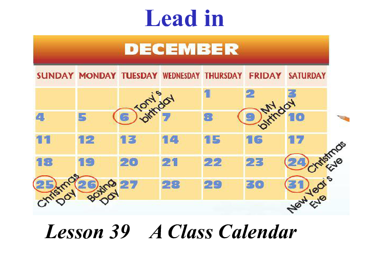 冀教版七年级英语上册  unit 7 lesson 39 a class calendar课件(共20张ppt)