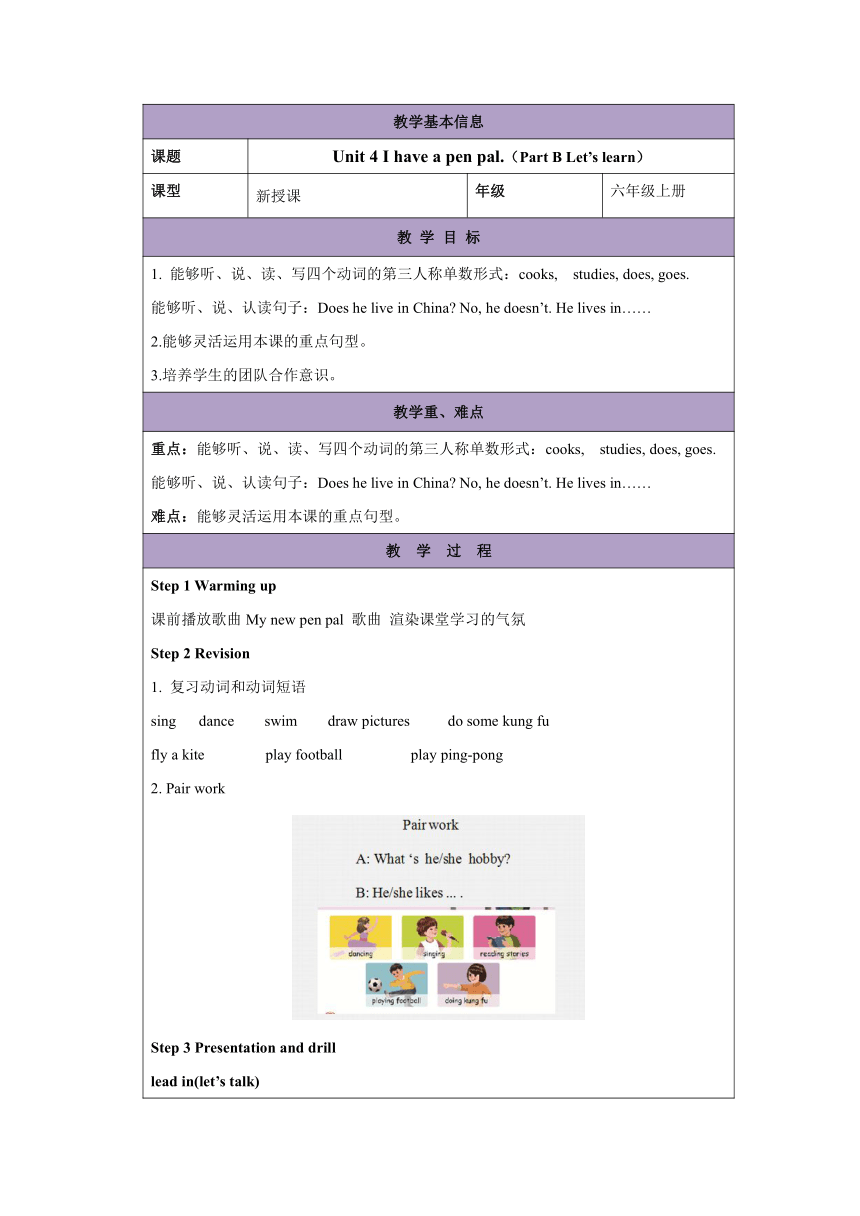 Unit 4 I Have A Pen Pal. Part B Let‘s Learn教案 (表格式）-21世纪教育网