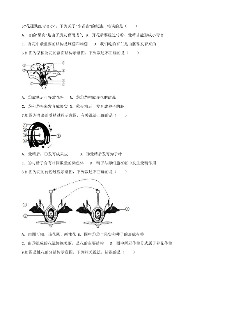 济南版八年级上册生物1.1~1.2 花的结构，传粉和受精  同步练习(word版含解析）