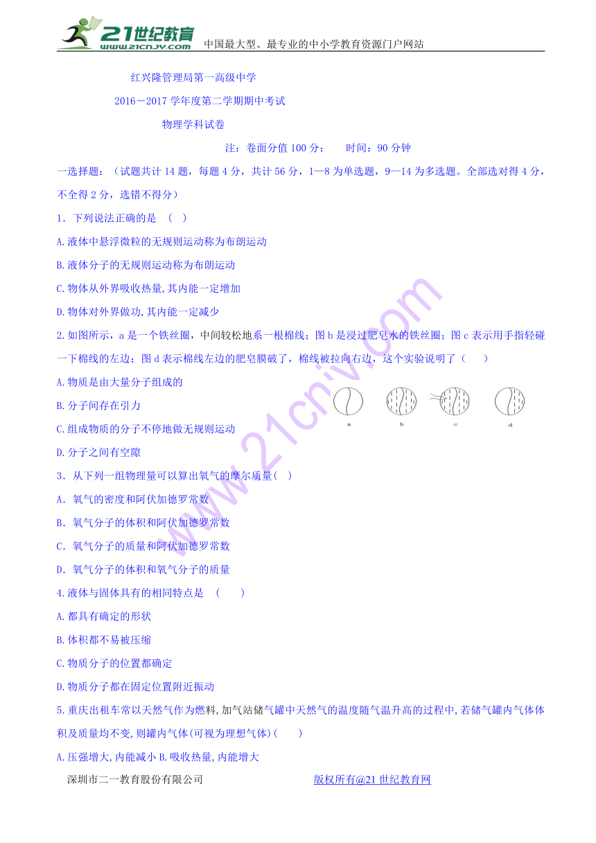 黑龙江省友谊县红兴隆管理局第一高级中学2016-2017学年高二下学期期中考试物理试题 Word版含答案