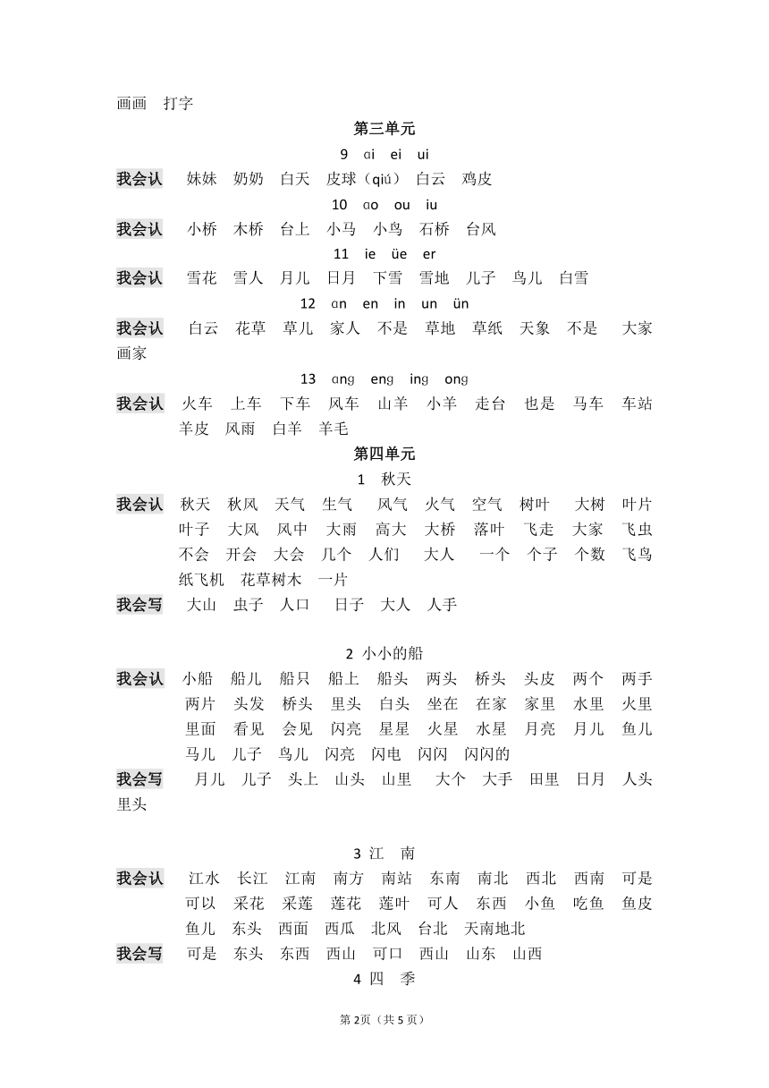 部编版一年级上册语文18单元词语表汇总