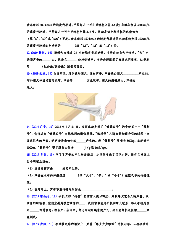 2019年中考物理真题分类汇编——声现象填空题专题（word版含答案）