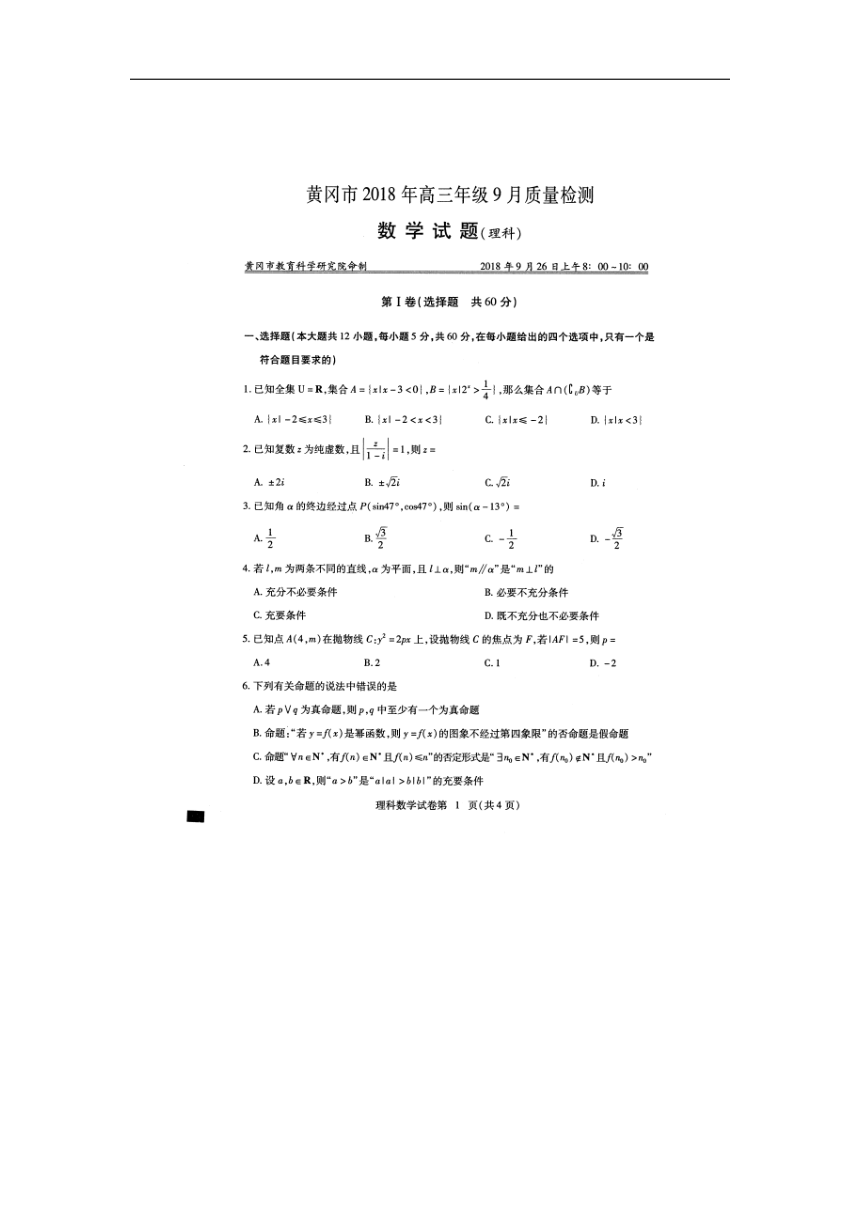 湖北省鄂州市华容高级中学2019届高三9月质量检测数学（理）试卷（扫描版）