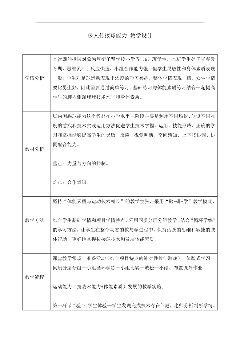 全国通用 五年级体育 多人传接球能力 -教案（表格式）