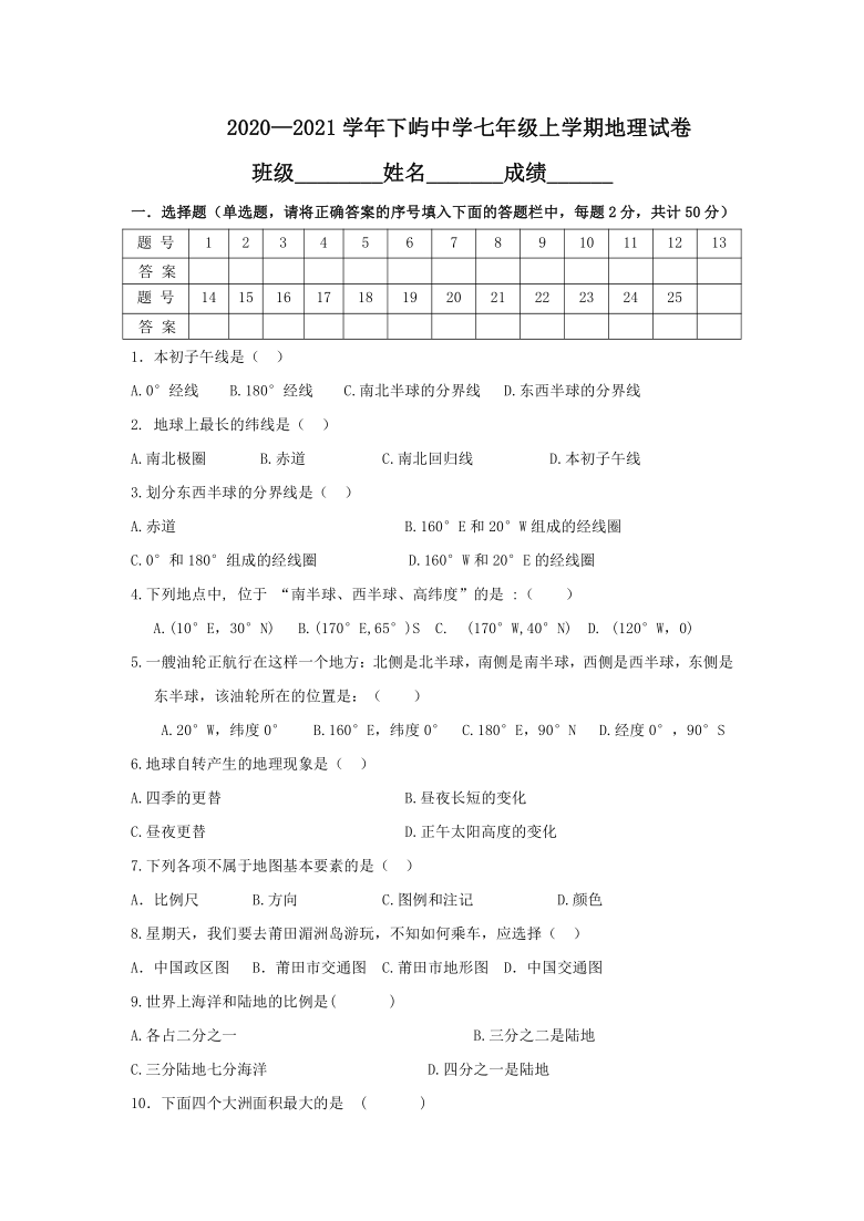 2020-2021学年上学期福建省莆田市秀屿区下屿初级中学七年级地理期中考试卷（含答案）