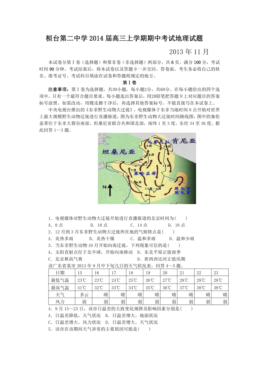 山东省桓台第二中学2014届高三上学期期中考试地理试题