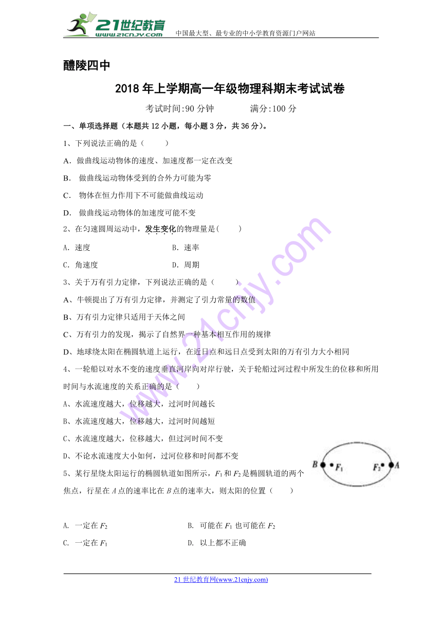 湖南省醴陵市第四中学2017-2018学年高一下学期期末考试物理试题