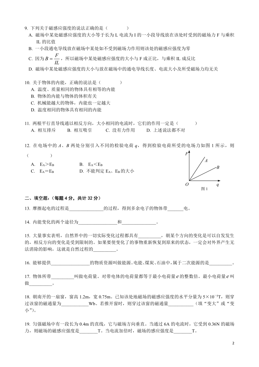 2017-2018学年上海市金山中学高二上学期期中考试合格物理试题（Word版）