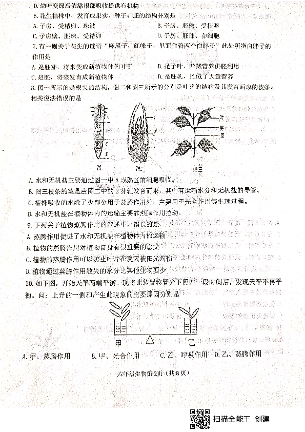 山东省东营市广饶县2018-2019学年第二学期五四学制六年级生物期末试卷（扫描版含答案）