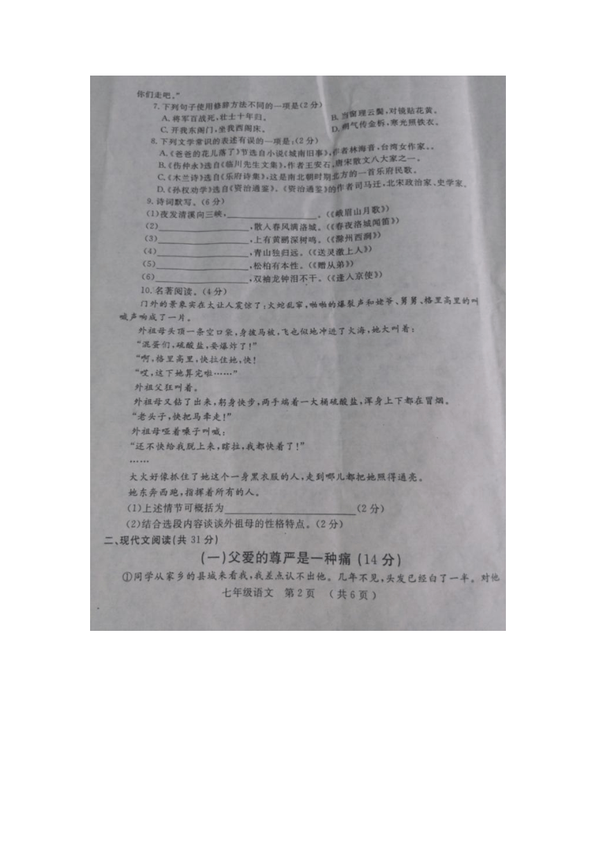 河南省洛阳市宜阳县2015-2016学年七年级下学期全能竞赛语文试题（图片版）