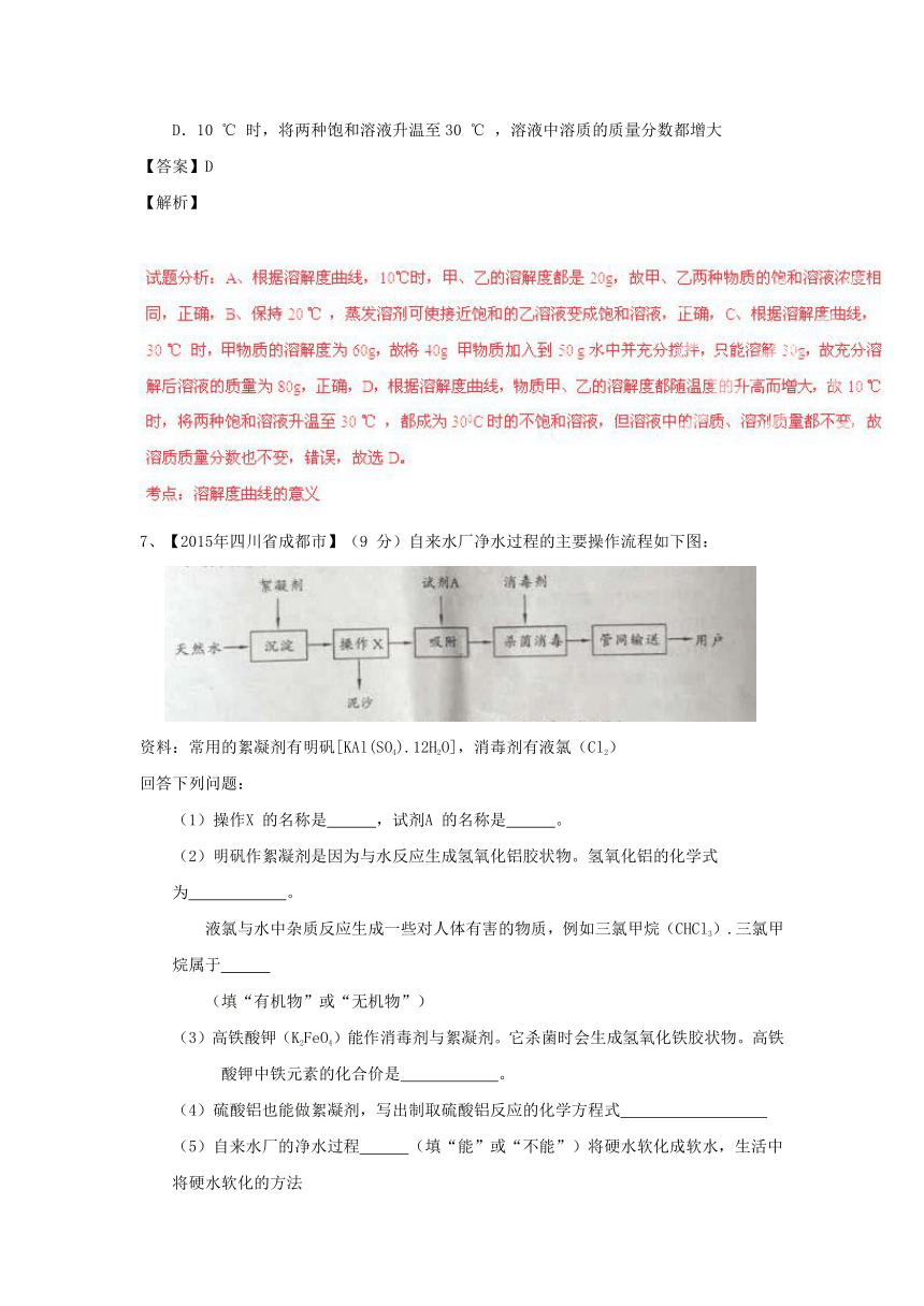 【2年中考1年模拟】2016年中考化学 专题02 水与常见的溶液试题（含解析）