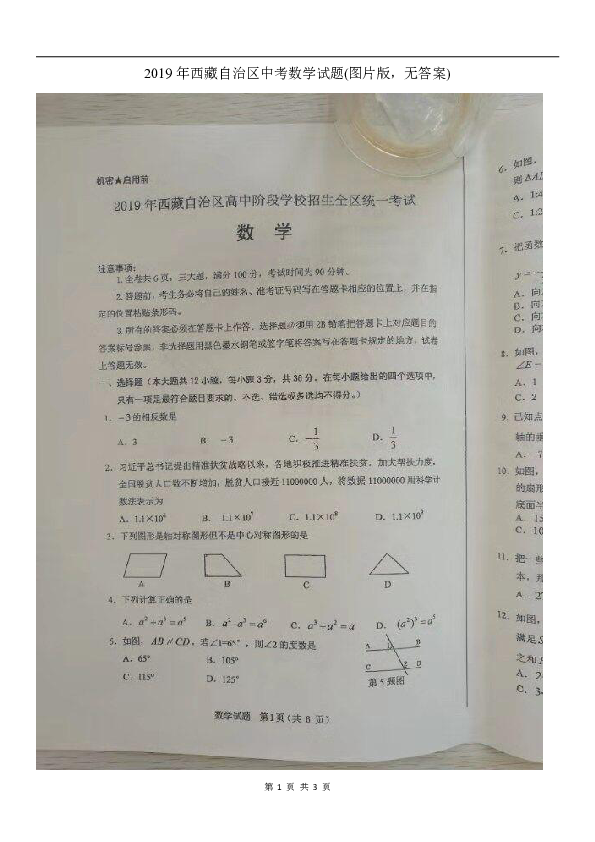 2019年西藏自治区中考数学试题(图片版无答案)