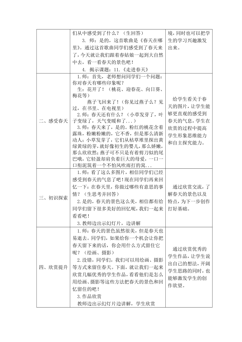 人教版 四年级美术下册 第11课 走进春天 教案（表格式）