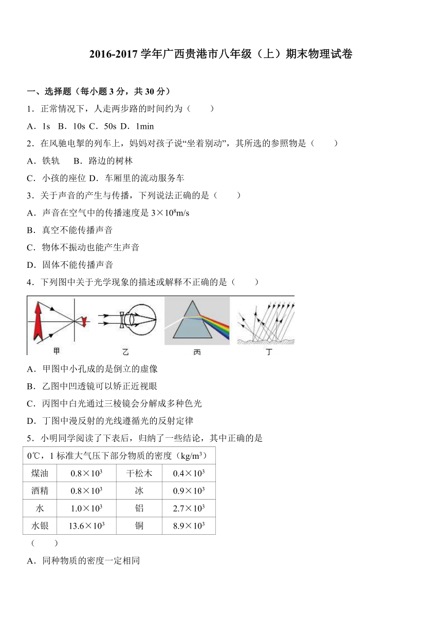 广西贵港市2016-2017学年八年级（上）期末物理试卷（解析版）