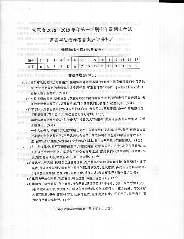 山西省太原市2018-2019学年七年级上学期期末考试道德与法治试卷（PDF版含答案）
