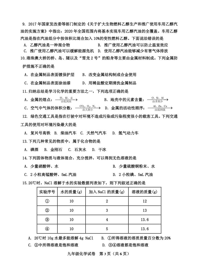 河北省昌黎县靖安学区2020-2021学年第一学期九年级化学期末考试试卷（word版，含答案）