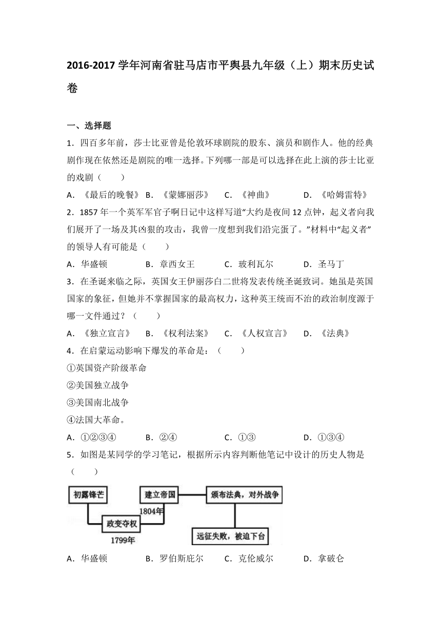 河南省驻马店市平舆县2016-2017学年九年级（上）期末历史试卷（解析版）