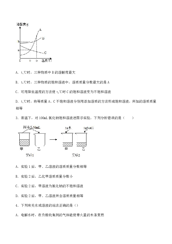 人教版初中化学九年级下册第九单元《溶液》检测题（含答案）