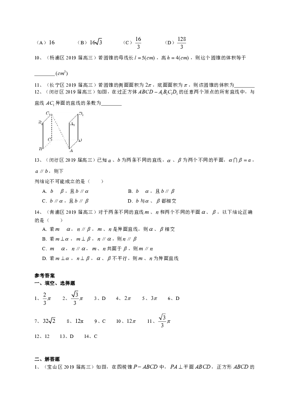 上海市13区2019届高三上学期期末（一模）考试数学试题分类汇编：立体几何