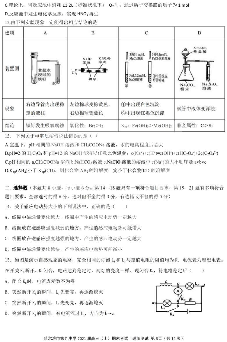 黑龙江省哈尔滨市第九中学2021届高三上学期期末考试理科综合试卷 图片版含答案