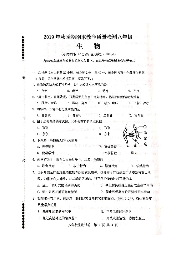 广西贵港市港南区2019-2020学年八年级上学期期末考试生物试题（扫描版含答案）