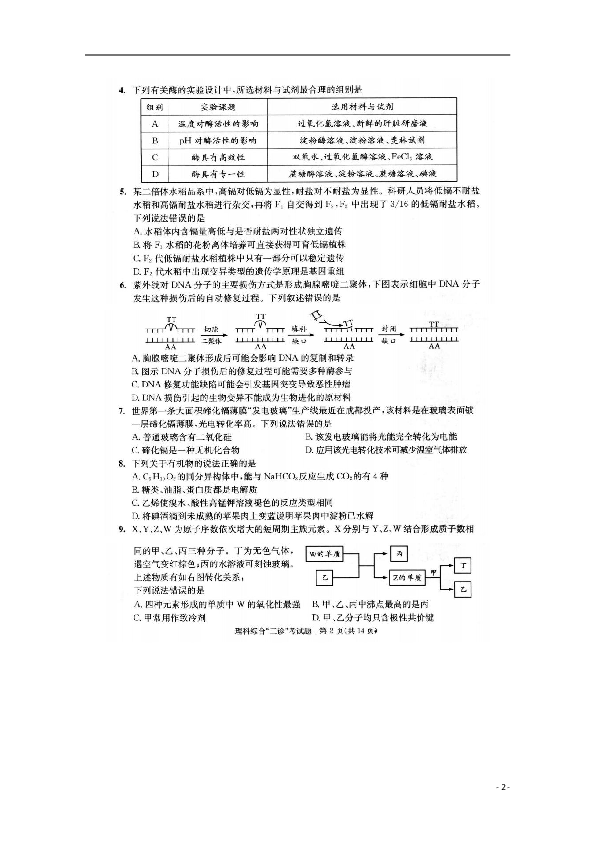 四川省阿坝州茂县中学2019届高三理综第三次诊断性考试试题（扫描版）